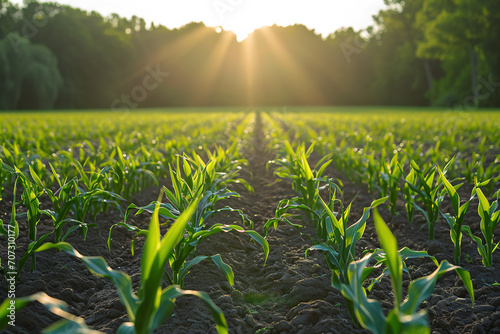 Young corn plants growing on the field on a sunny day. Selective focus.