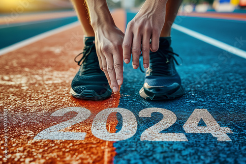 Athletes are getting ready to run on the track with the text 2024 in New Year's Start concept