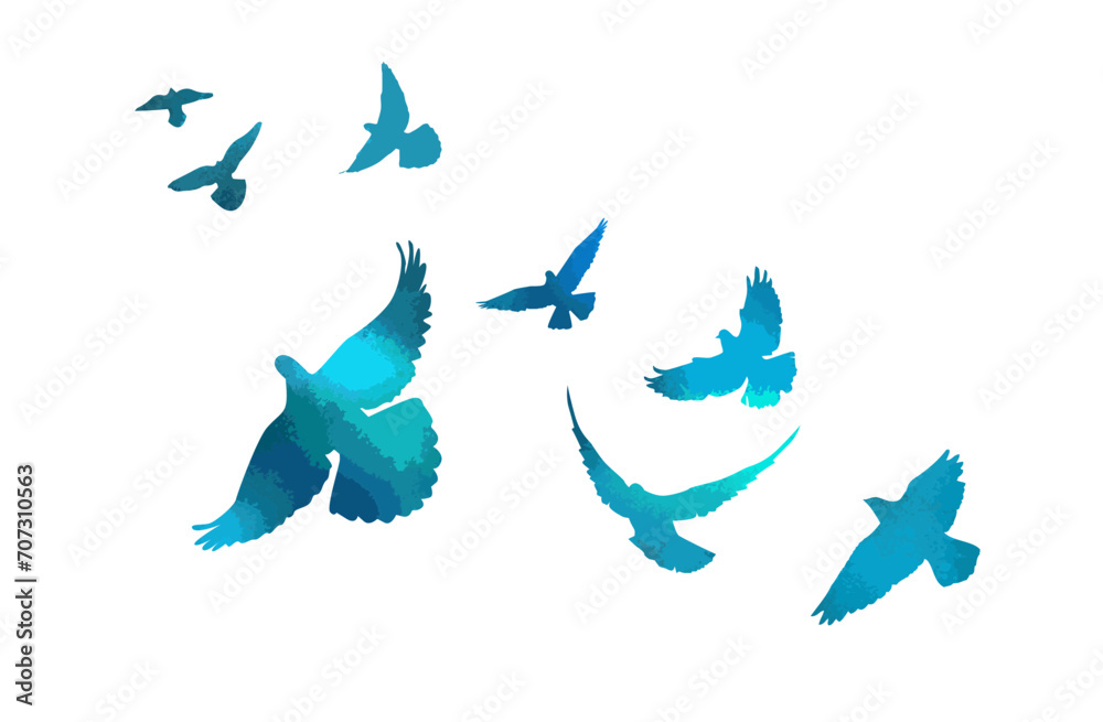 Fototapeta premium A flock of blue watercolor flying birds. Free birds abstraction. hand drawing. Not AI. Vector illustration