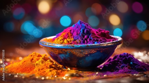 Colorful traditional Holi powder in bowl photo