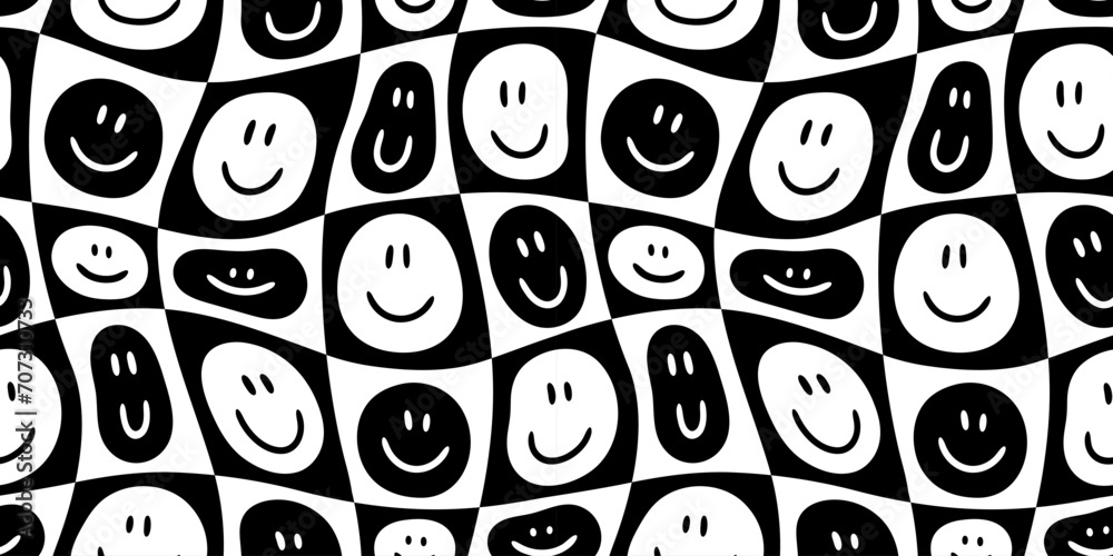 Funny smiling happy face checkered seamless pattern. Retro psychedelic checker board tile smile icon background texture. Black and white cartoon doodle wallpaper. - obrazy, fototapety, plakaty 