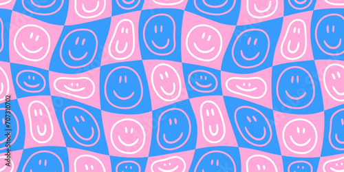 Funny smiling happy face colorful checkered seamless pattern. Retro psychedelic checker board tile smile icon background texture. Trendy cartoon doodle wallpaper.
