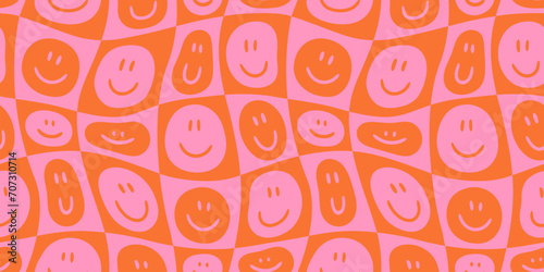 Funny smiling happy face colorful checkered seamless pattern. Retro psychedelic checker board tile smile icon background texture. Trendy cartoon doodle wallpaper. photo