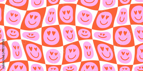 Funny melting happy face in love colorful cartoon seamless pattern. Retro psychedelic pink smile icon background texture for valentine's day or romantic concept. Trendy checkered doodle wallpaper.