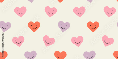 Red love heart seamless pattern illustration with funny smiling face. Doodle hearts background print. Valentine's day holiday backdrop texture, romantic wedding design.	