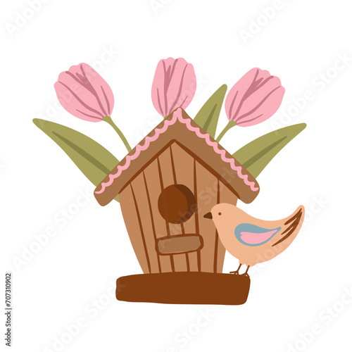 Birdhouse with flowers and birds. Spring nature © Evgeniya Sheydt