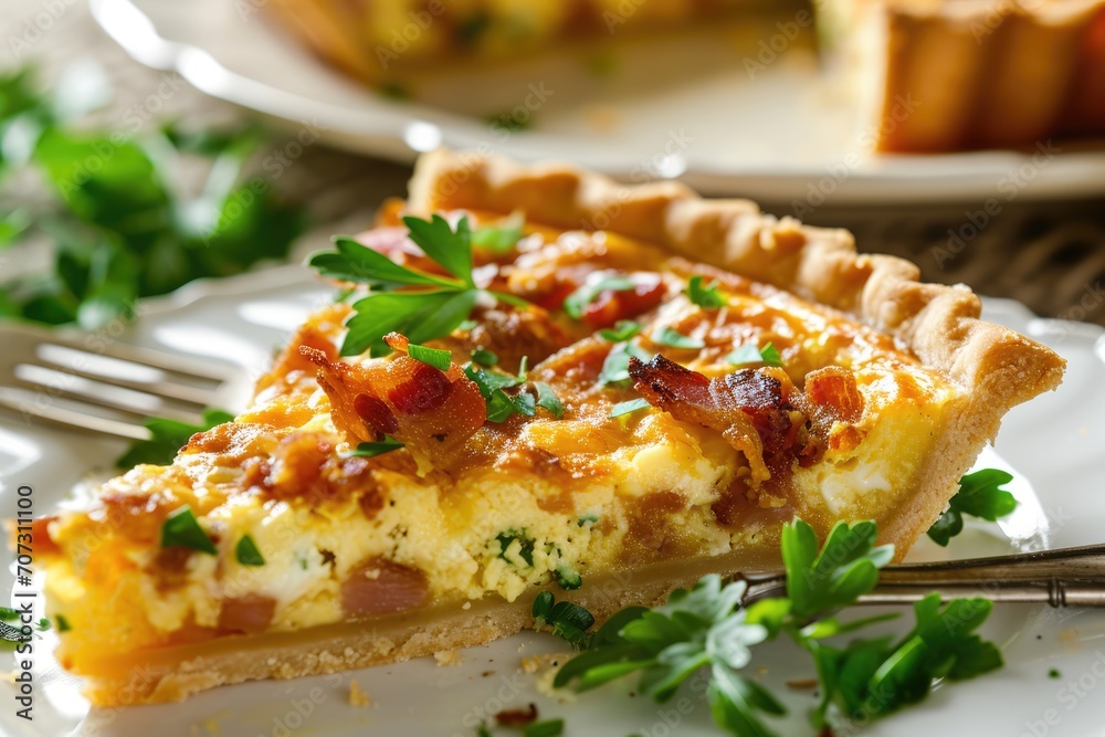 Lorraine Elegance: Savor the Delight of Quiche Lorraine, a Savory Tart with a Butter Crust, Filled with Eggs, Cream, Bacon, and Swiss Cheese - A Culinary Masterpiece.

