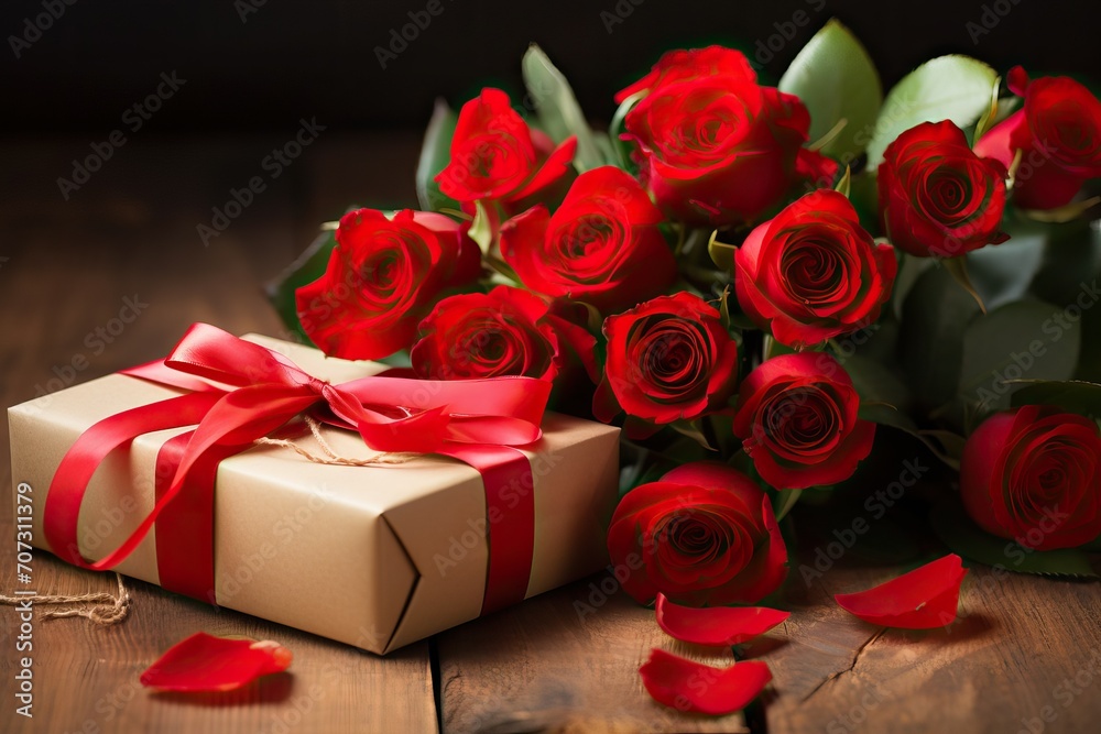 Postcard red roses and gift box. Valentine's Day. Anniversary and birthday card. Present. Background. Love Postcard red roses and gift box. Valentine's Day. Anniversary and birthday card. Present. Background. Love