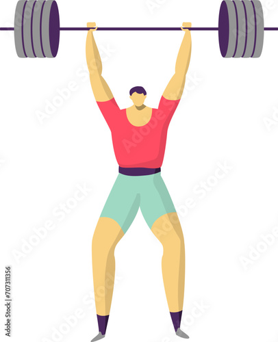 Strong male weightlifter lifting heavy barbell overhead. Strength training and muscle building vector illustration