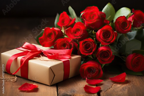 Postcard red roses and gift box. Valentine s Day. Anniversary and birthday card. Present. Background. Love