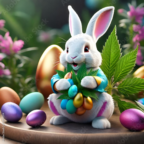 Young Easter bunny chewing on cannabis leaf in group of eggs