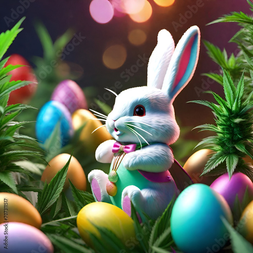 Cute Easter bunny in cannabis patch