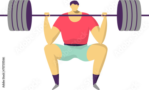 Strong male athlete lifting heavy barbell. Concentrated weightlifter performing squat exercise. Strength training and bodybuilding vector illustration.
