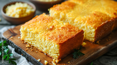 Freshly baked fluffy buttery cornbread with golden crust on a wooden cutting board. Traditional Southern states cuisine photo