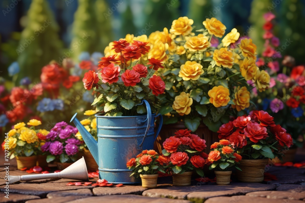 Beautiful colorful variety of spring and summer flowers in pots and a watering can on the patio