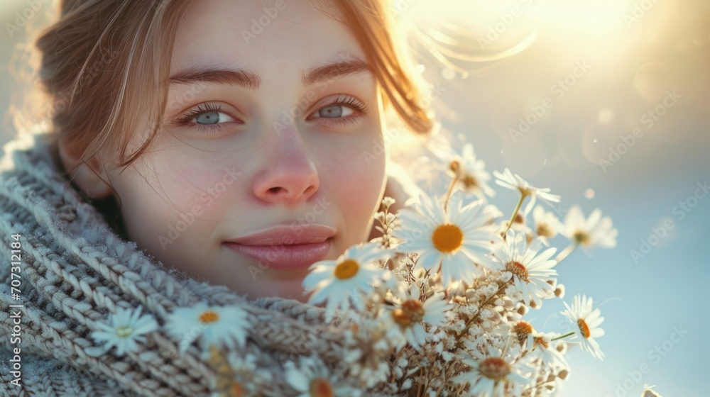 Portrait of a young beautiful girl with fresh cut flowers, in pastel colors, Joyful anticipation of spring Portrait of a young beautiful girl with fresh cut flowers, in pastel colors, Joyful anticipation of spring