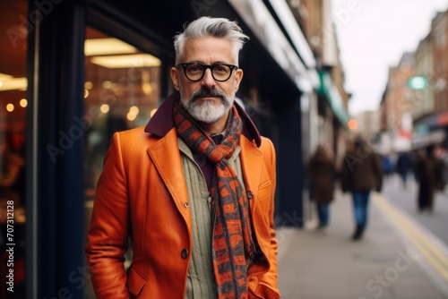 Portrait of a senior man in an orange coat walking in the city