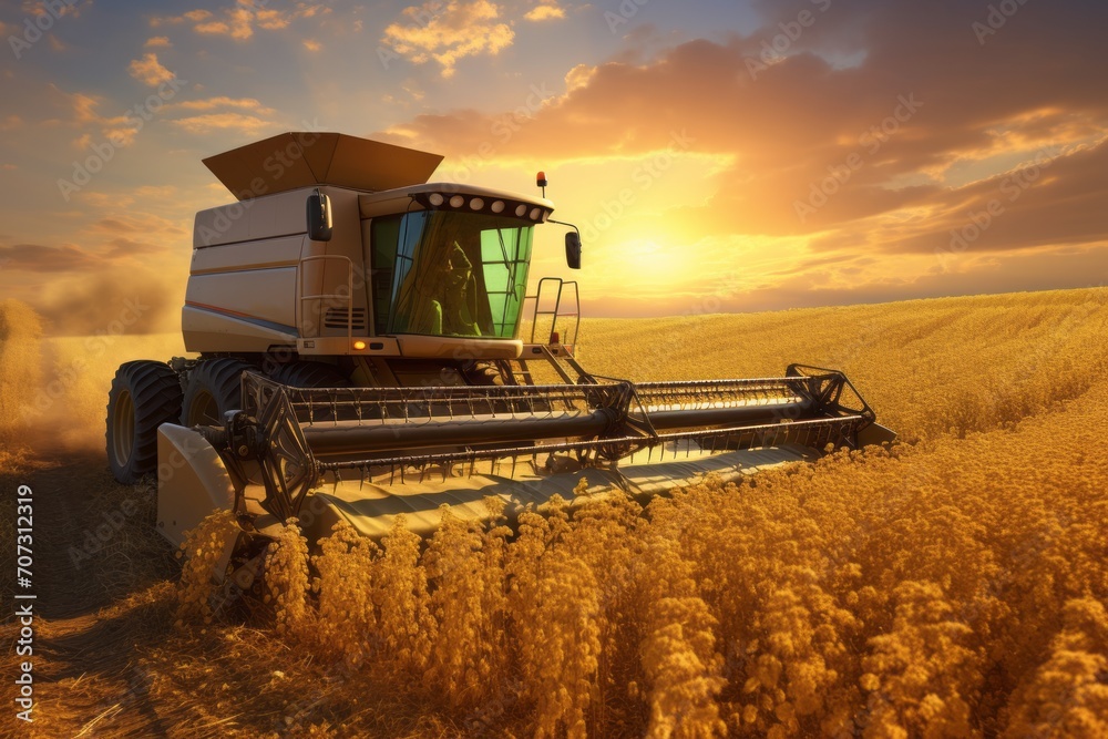 Combine harvester in a soybean field harvesting soybeans at sunset