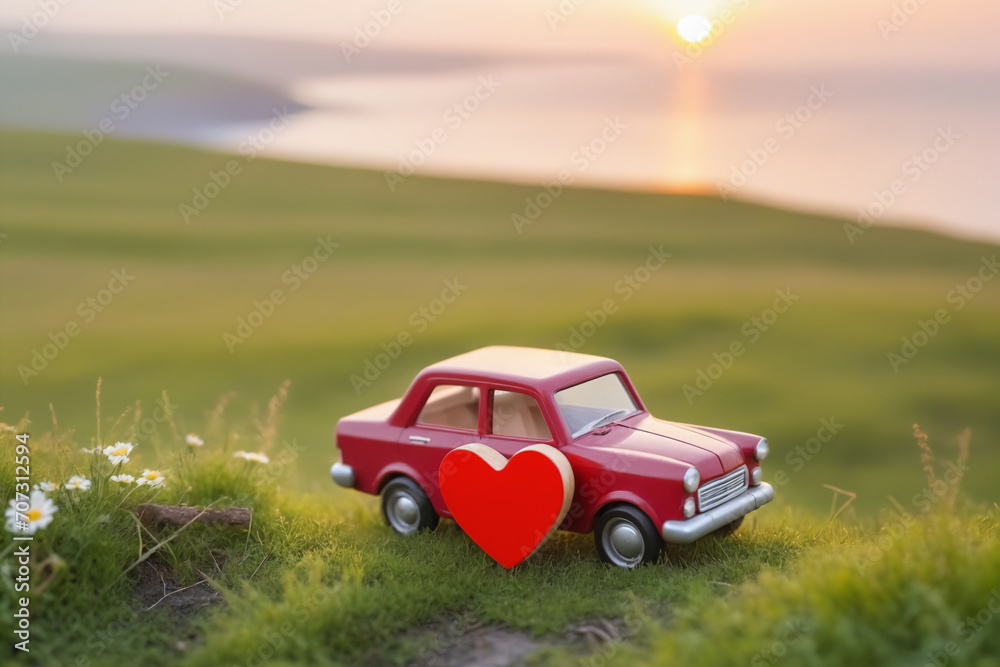 Scene of a wooden toy car with a red heart on the roof, resting on a spring meadow, blurred background of a coastal landscape - Valentine's day