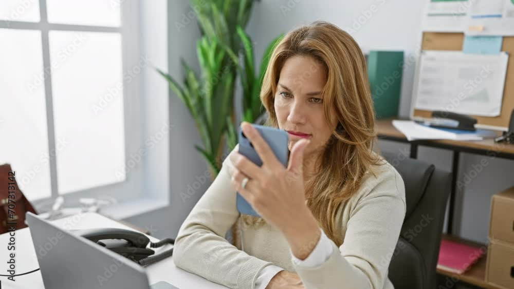 A contemplative woman interacts with her smartphone in a modern office setting, highlighting themes of professionalism and connectivity. A contemplative woman interacts with her smartphone in a modern office setting, highlighting themes of professionalism and connectivity.