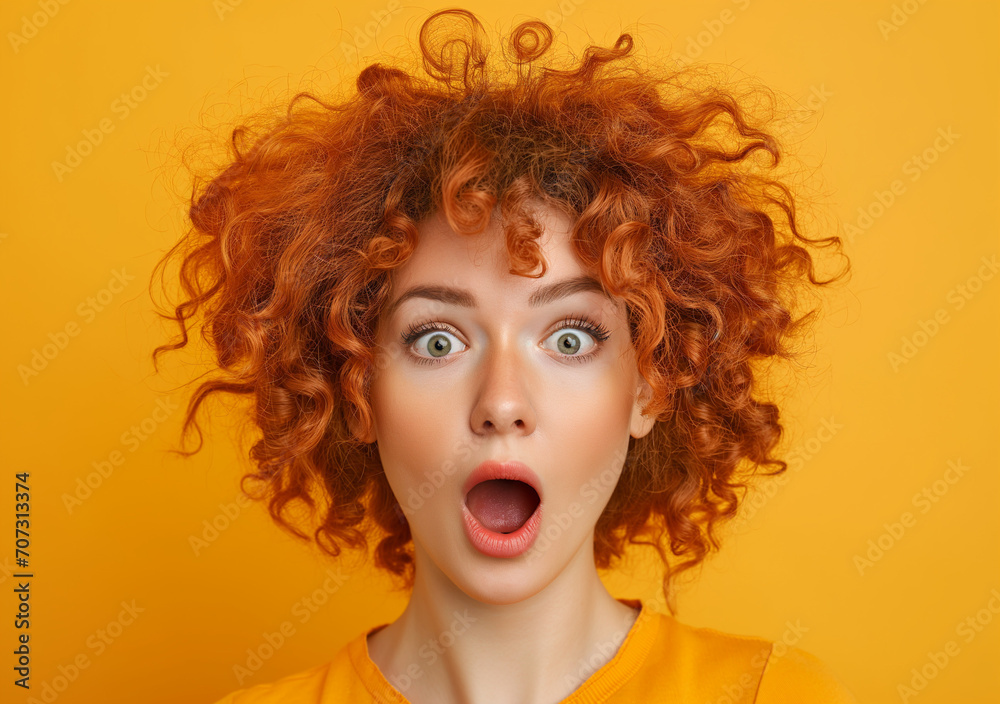 A woman with curly hair with her mouth open surprised on yellow background A woman with curly hair with her mouth open surprised on yellow background
