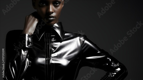 African fashion woman in leather suit, isolated on black background, dark theme