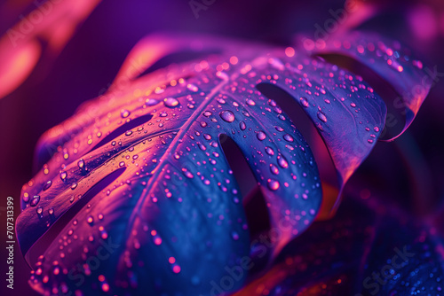 water drop on leaf with purple light