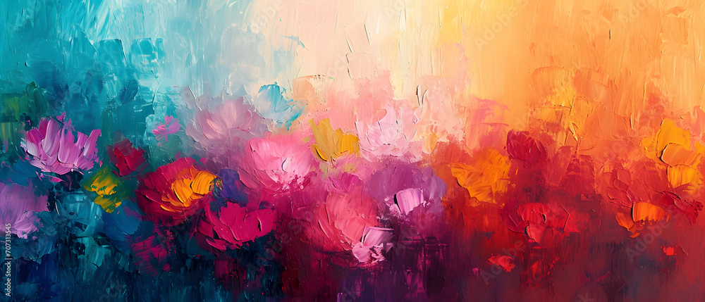 A vibrant explosion of magenta flowers burst from an abstract acrylic canvas, evoking a sense of modern art and childlike wonder in this colorful painting - obrazy, fototapety, plakaty 