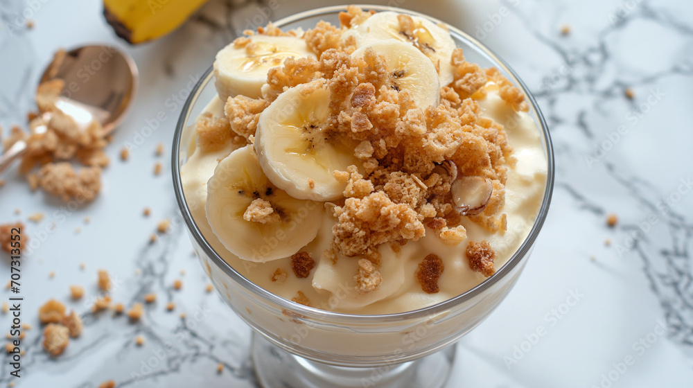 Banana Crumb Pudding on marble table Banana Crumb Pudding on marble table