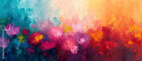 A vibrant explosion of magenta flowers burst from an abstract acrylic canvas, evoking a sense of modern art and childlike wonder in this colorful painting photo