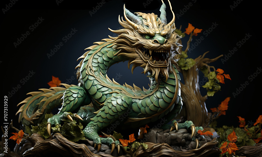 Green dragon, symbol of Chinese New Year 2024. Isolated on black background.
