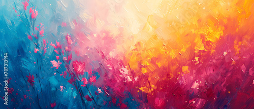 A vibrant masterpiece bursting with a rainbow of hues, this abstract painting captures the beauty and complexity of nature's floral palette through layers of textured acrylic paint photo