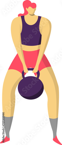 Woman exercising with kettlebell, fitness workout, strong female athlete. Healthy lifestyle and gym training vector illustration.