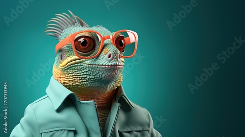 Close-up colorful cartoon a chameleon wearing sunglasses on a dark aqua background