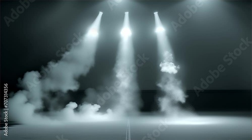 Abstract white 3 spotlight with smoke, atmospheric stage illumination, theatrical background, dramatic mist effect, artistic event lighting concept, mysterious stage effect, cinematic lighting effect photo