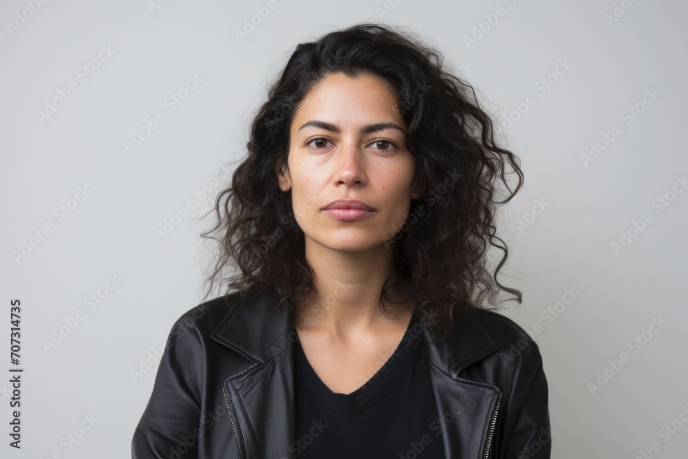 Portrait of a young woman with long curly hair in a black leather jacket