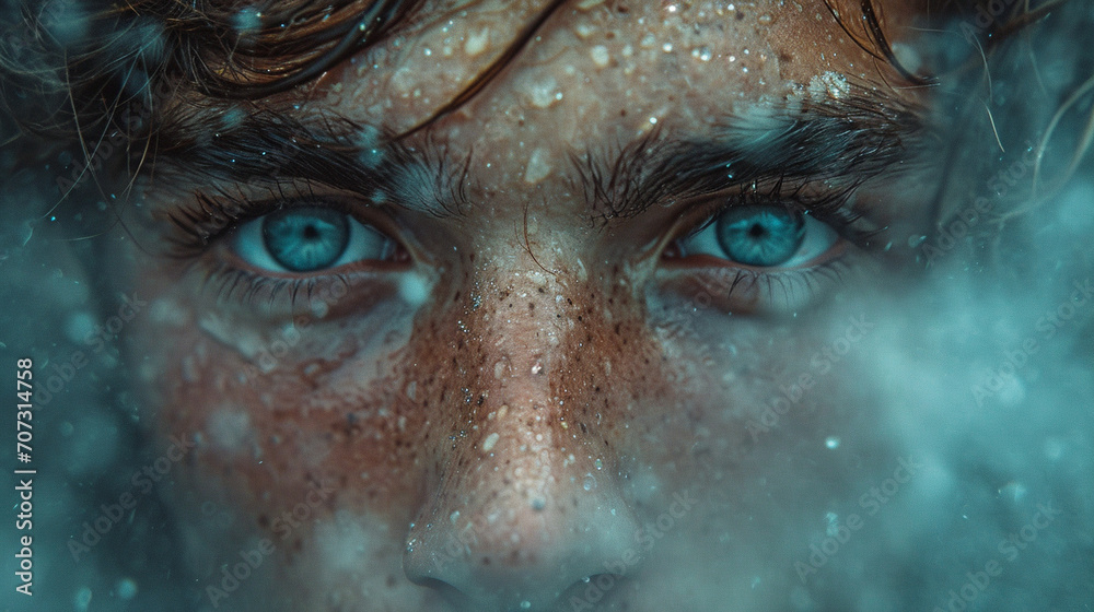 An atmospheric shot of a man with incredibly beautiful eyes, surrounded by mist and soft diffused light in a forest, evoking a sense of mystery and natural allure. An atmospheric shot of a man with incredibly beautiful eyes, surrounded by mist and soft diffused light in a forest, evoking a sense of mystery and natural allure.