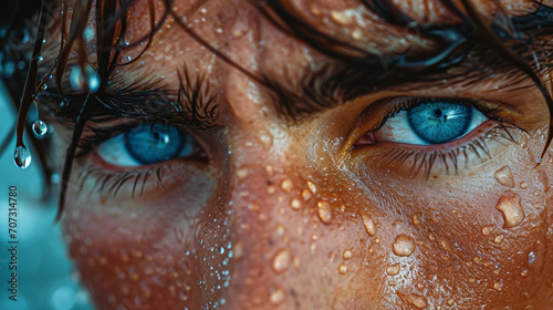 An artistic close-up of a man's incredibly beautiful eyes, reflected in a raindrop-covered surface, capturing the serene beauty of nature and the emotional depth in his gaze.