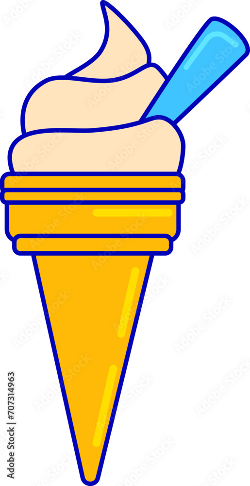 Colorful cartoon soft ice cream cone with a blue spoon. Sweet dessert cold treat vector illustration. Colorful cartoon soft ice cream cone with a blue spoon. Sweet dessert cold treat vector illustration.