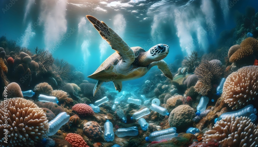 Sea turtle swimming in ocean full of plastic bottles, marine pollution ...