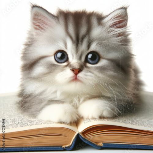 Portrait of a Cute Kitten with an open book on solid white background. ai generative