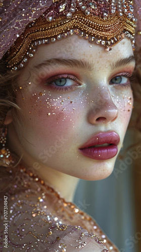 Close-up full body photography angle with a fashion model with full lips posing for elle magazine and wearing a futuristic pink and golden design of a long duchesse gown. AI Generative