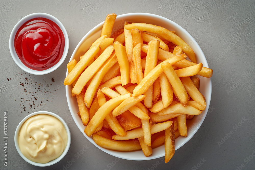 tasty and crunchy french fries in a bowl with ketchup and mayonnaise, top view tasty and crunchy french fries in a bowl with ketchup and mayonnaise, top view