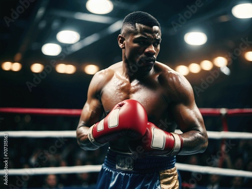 Portrait of African American boxer in the ring, boxing match concept, sport background, © Karlo