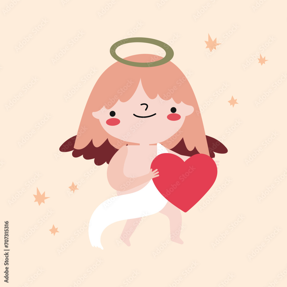 Cute cupids flying in air set. St. Valentine's Day concept. Amor kids with wings hold a heart, romantic symbol of love.