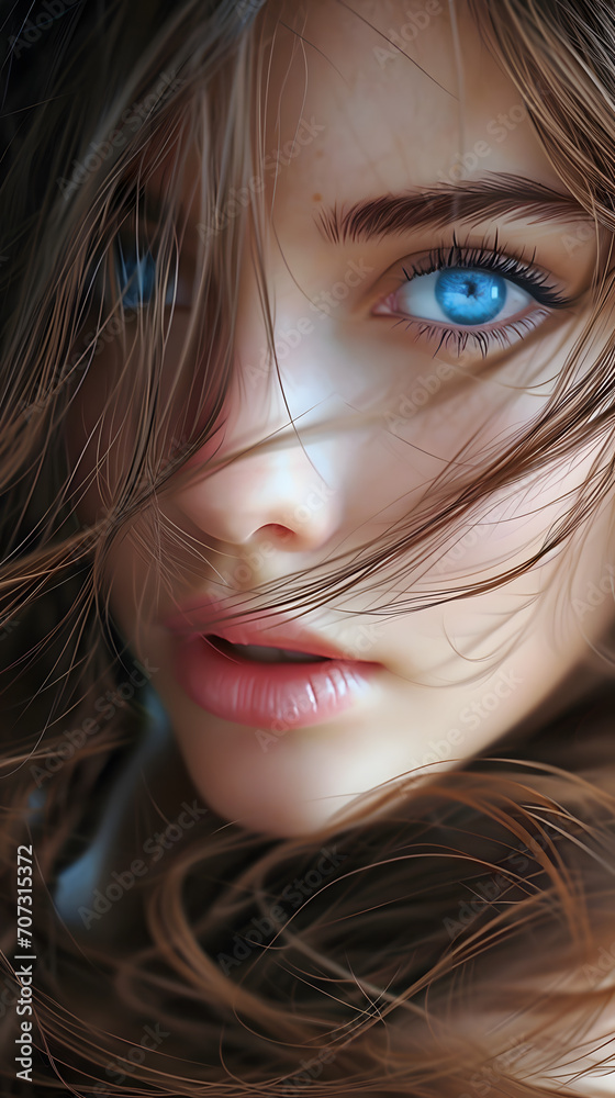 Enchanting Gaze: Close-Up of Brunette Model with Mesmerizing Blue Eyes ...