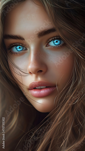 Enchanting Gaze: Close-Up of Brunette Model with Mesmerizing Blue Eyes - A Spellbinding Portrait of Captivating Beauty and Intense Blue Depths - Generative AI © Tobias