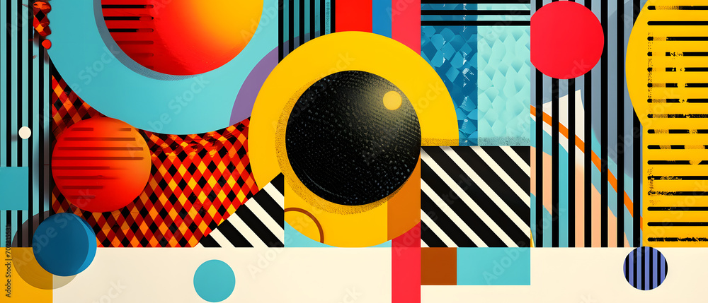 An abstract painting bursting with vibrant color and childlike imagination, featuring a bold black circle at its center An abstract painting bursting with vibrant color and childlike imagination, featuring a bold black circle at its center