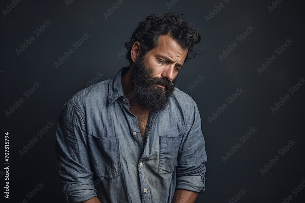 Portrait of a handsome bearded man in a blue shirt on a dark background
