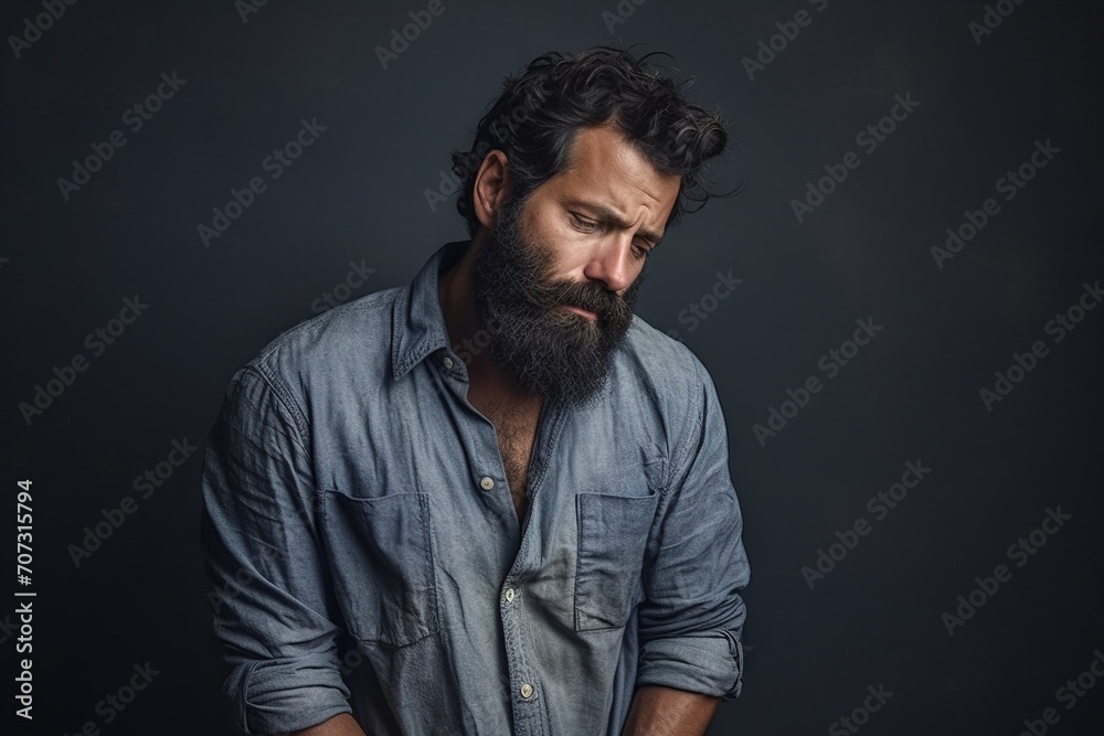 Portrait of a handsome bearded man in a blue shirt on a dark background Portrait of a handsome bearded man in a blue shirt on a dark background